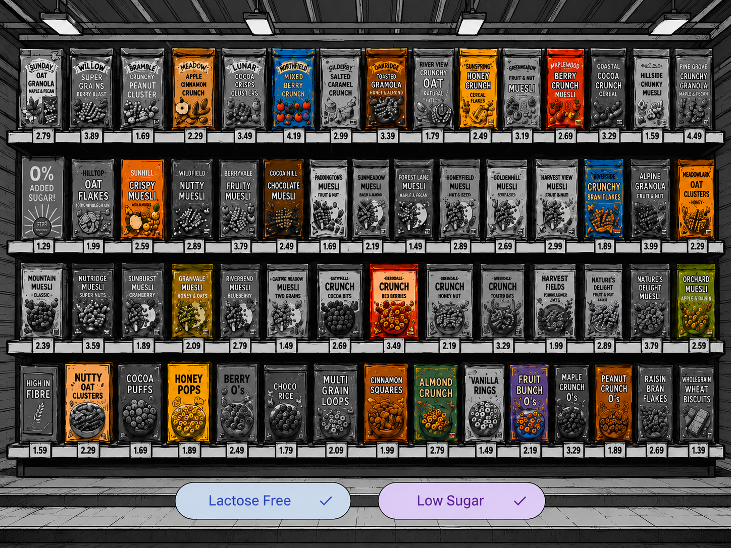 A color-coded supermarket cereal shelf with Lactose Free and Low Sugar filters applied
