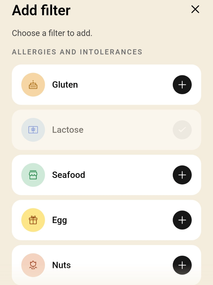 The TL;DR add-filter screen listing dietary filter options