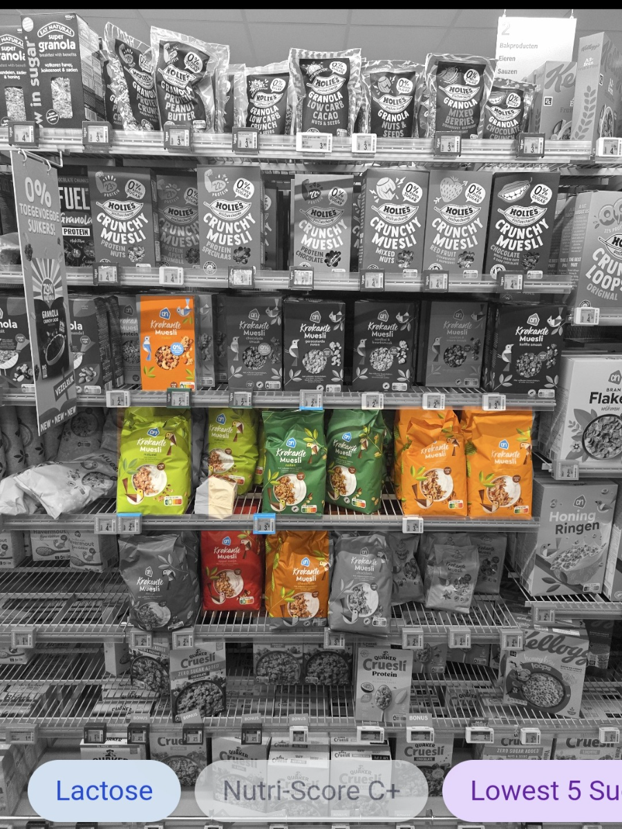 The same shelf with non-matching products dimmed and matches highlighted in colour